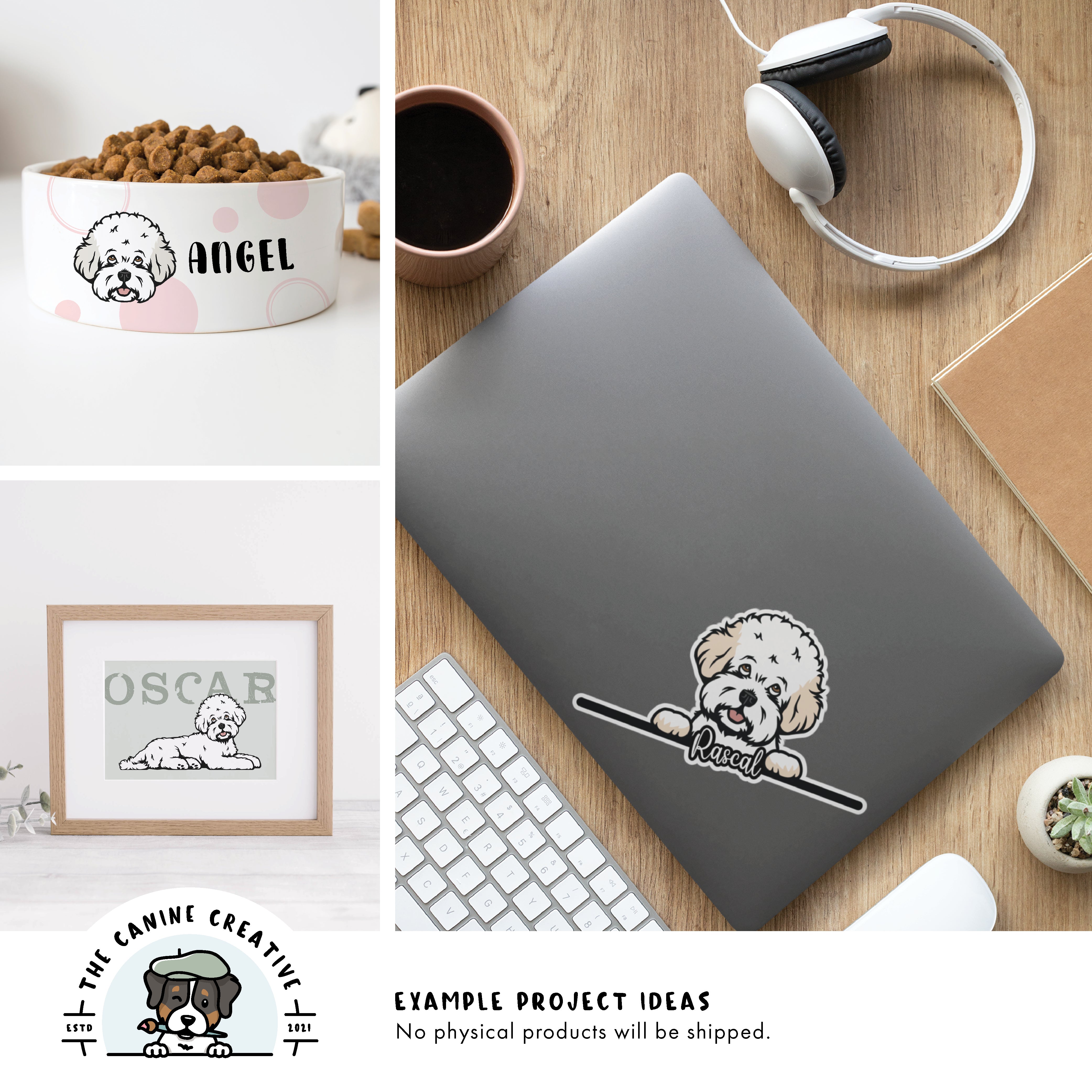 Example project ideas showing designs on a dog food bowl, as framed art, and a sticker on a laptop.